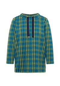 Kapuzensweatshirt im karierten Muster, mit blauen und grünen Farbtönen und dunkelblauen Kordeln. Aus strukturiertem Stoff gefertigt, mit langen Ärmeln.