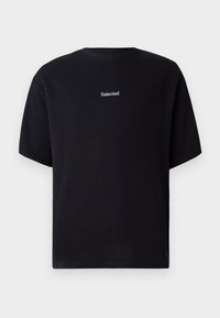 Black cotton t-shirt with a crew neck, short sleeves, and light blue embroidered text "Selected" on the front center.