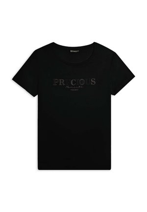 T-shirt in cotone nero con scollo rotondo, caratterizzato da lettering testurizzato "PRECIOUS Moments" in grigio al centro. Design semplice.