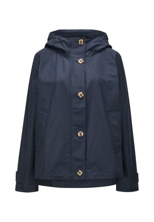 Marineblaue Kapuzenjacke mit fünf hellbraunen Knöpfen vorn, zwei Seitentaschen und verstellbaren Bündchen an den langen Ärmeln.