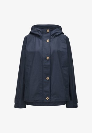 Marineblaue Kapuzenjacke mit fünf hellbraunen Knöpfen vorn, zwei Seitentaschen und verstellbaren Bündchen an den langen Ärmeln.