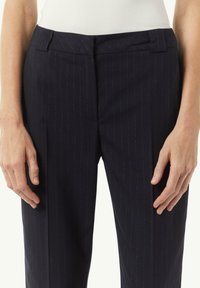 Navy Blau gestreifte Hose mit tailliertem Schnitt, ausgestattet mit einem glatten Bund und dezentem Glanz, abgebildet mit Händen in der Hüfte platziert.