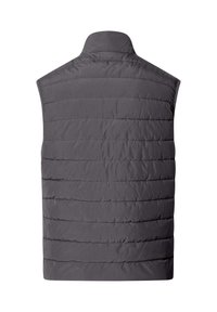 Grijze gewatteerde bodywarmer met horizontale doorgestikte lijnen, hoge kraag en mouwloos. Gladde textuur en gestroomlijnd ontwerp, geschikt om over andere kleding te dragen.