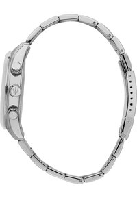 Zilveren metalen polshorloge met een rechthoekige kast, drukknoppen en een ontwerp van schakelarmband. Gepolijste afwerking met subtiele accenten.