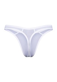 Weißer transparenter Tanga aus leichtem Stoff, mit einem dünnen Bund und geometrischen Ausschnitten, sanften Kanten und einem minimalistischen Design.