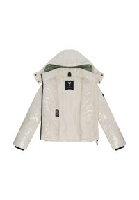 Pufferjack met een glanzende crèmekleurige buitenkant, groene voering, ritssluiting en capuchon. Voorzien van elastische boorden en details van binnenzakken.