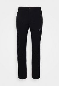 Pantaloni neri da esterno realizzati in un tessuto flessibile, con un design aderente, tasche con cerniera e dettagli rinforzati sulle ginocchia per una maggiore durabilità.