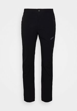 Pantaloni neri da esterno realizzati in un tessuto flessibile, con un design aderente, tasche con cerniera e dettagli rinforzati sulle ginocchia per una maggiore durabilità.