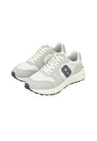 Gray and white sports shoes with a mixed material design, featuring a padded collar, lace-up closure, and black rubber sole.