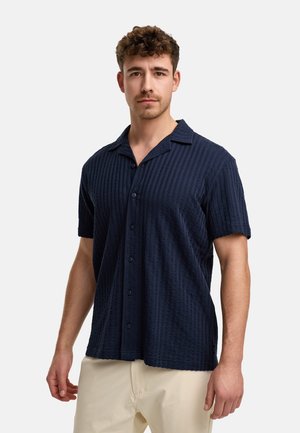 Navy short-sleeve shirt with a textured pattern, button front, and a collar. Casual fit, made of soft fabric.