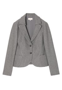 Grijze damesblazer met twee knopen, geknipte revers en voorzakken, maat 38, gepresenteerd op een witte achtergrond.
