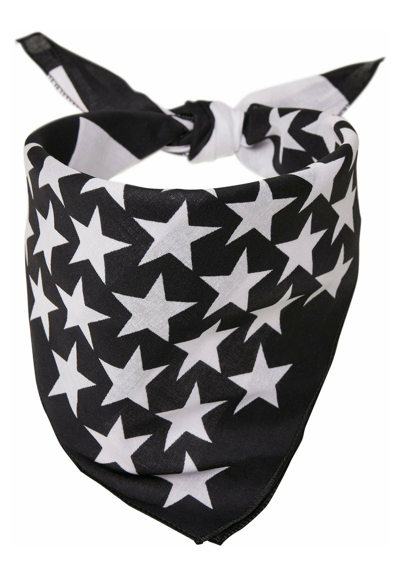 Crni bandana s uzorkom bijelih zvijezda. Izrađen od lagane tkanine s glatkom teksturom, pričvršćen vezivanjem krajeva.
