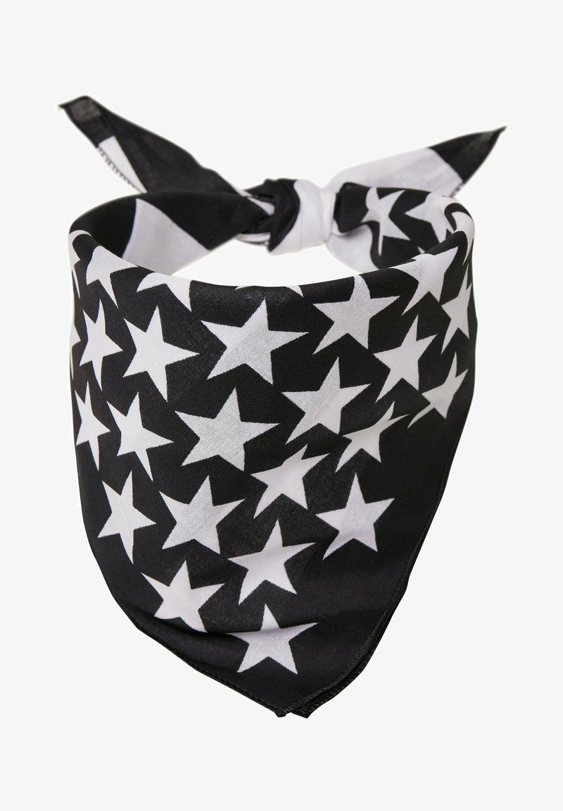 Czarna bandana z wzorem białych gwiazd. Wykonana z lekkiego materiału o gładkiej fakturze, zabezpieczona przez związanie końców.