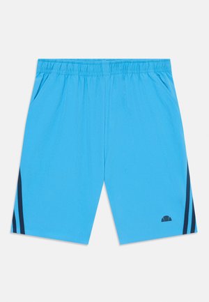 Shorts de sport bleu clair avec une taille élastique, des poches latérales et des rayures navy sur les côtés. Logo imprimé près de l'ourlet.