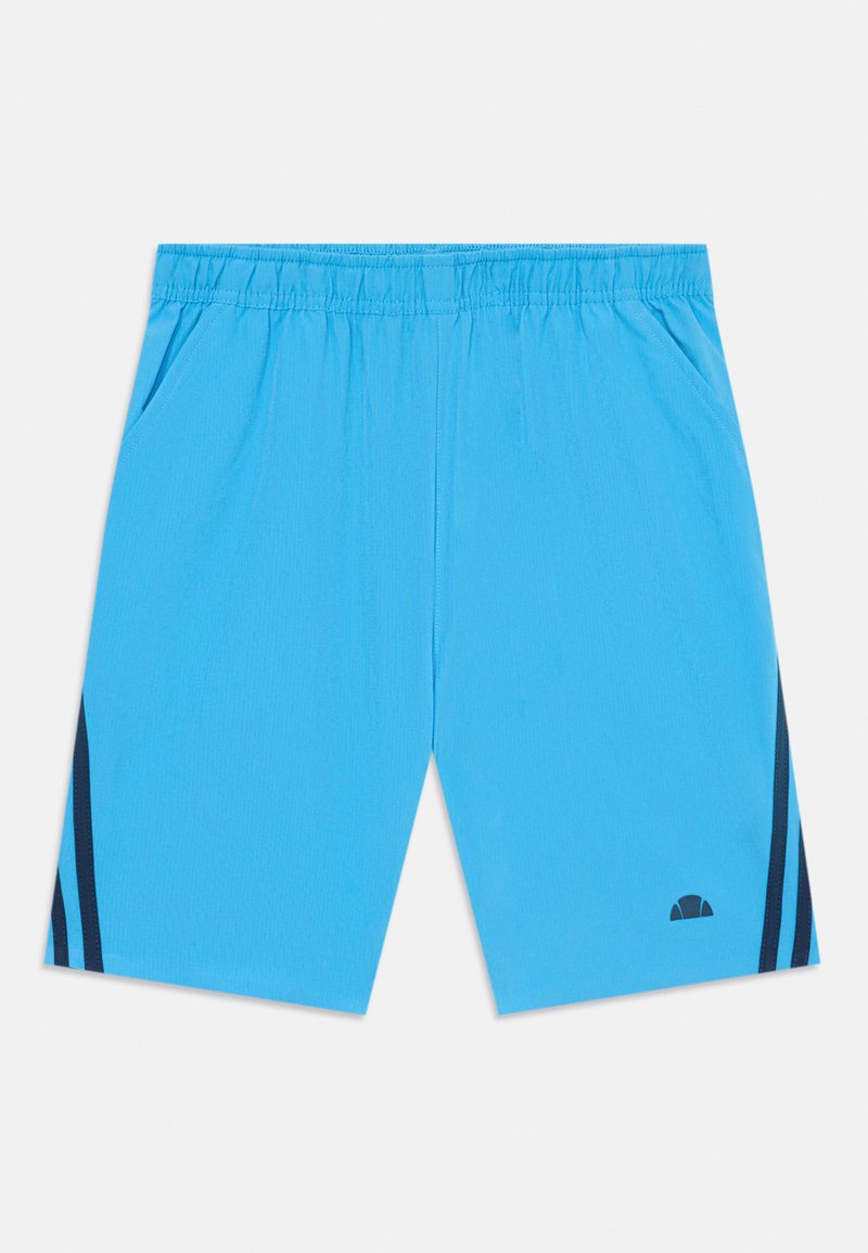 Ανοιχτό μπλε αθλητικά σορτς με ελαστική μέση, πλαϊνές τσέπες και ναυτικές ρίγες κατά μήκος των πλευρών. Λογότυπο τυπωμένο κοντά στο στρίφωμα.