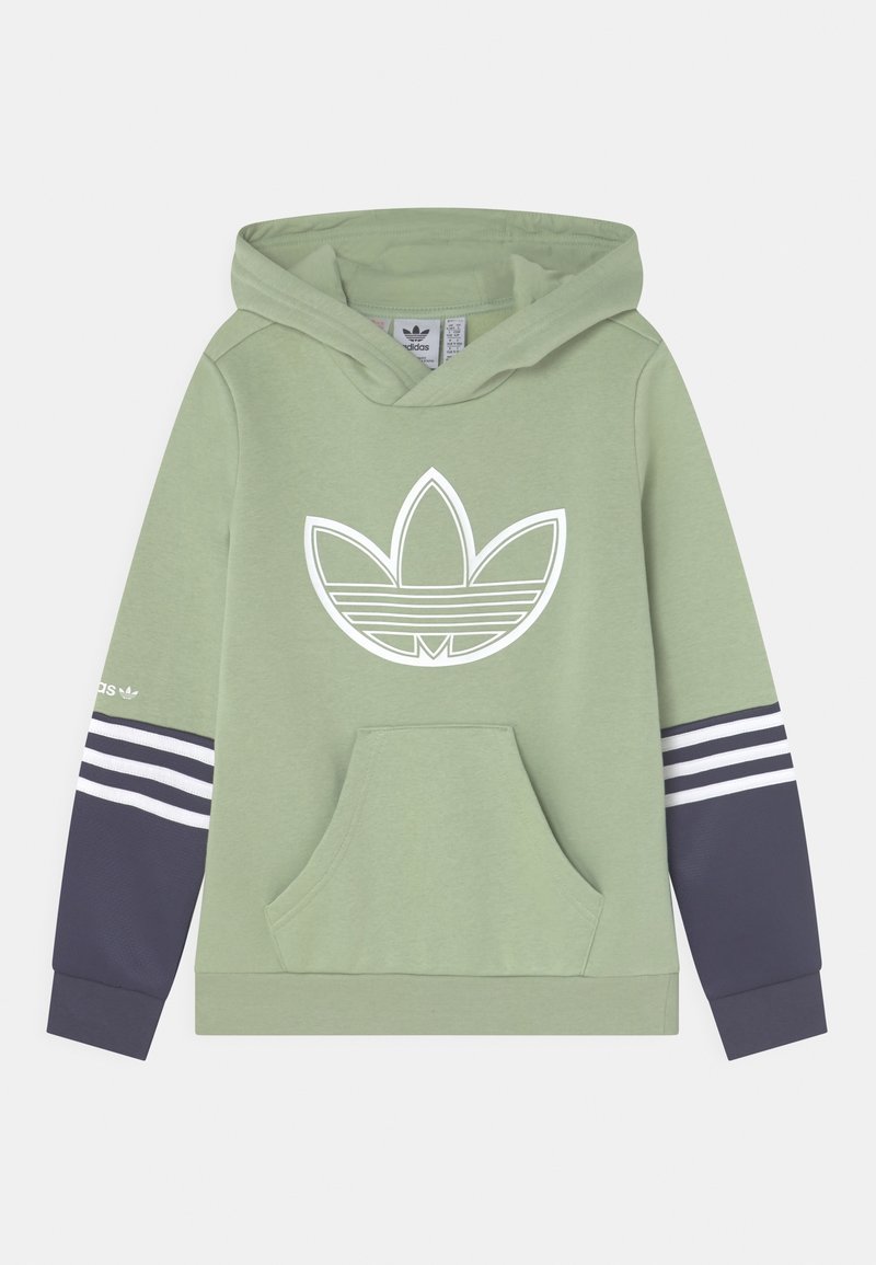 Ljusgrön huvtröja med en stor vit trefoil-logotyp. Har en framficka och marinblå ärmar med vita ränder. Tillverkad av mjukt tyg.