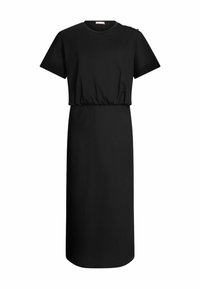 Rochie midi neagră dintr-un material moale, cu un decolteu rotund, mâneci scurte și o talie elastică pentru un efect de volum.