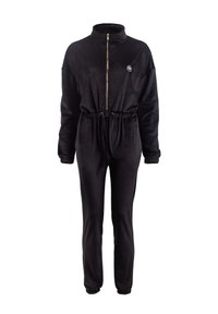 Must must väliskostüüm, millel on tõmblukuga esiosa, kõrge krae, paelaga vöökoht ja elastsed mansetid, ning väike logo rinnal.