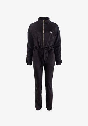 Schwarzer Velours-Trainingsanzug mit einem Reißverschluss vorne, hohem Kragen, verstellbarem Bund und elastischen Manschetten, mit kleinem Logo auf der Brust.