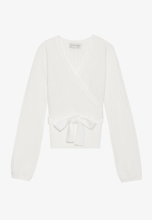 Haut wrap en tricot côtelé blanc avec des manches longues, fermeture à nouer à la taille et décolleté en V. Présente un tissu texturé pour un intérêt visuel.