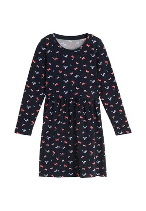 Langärmeliges marineblaues Kleid mit geraffter Taille und kleinen mehrfarbigen Schleifenmustern auf dem gesamten Stoff.