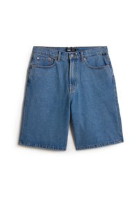 Denim shorts in medium blue, featuring a classic cut, front pockets, copper rivet accents, and a slightly faded texture.