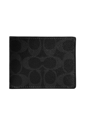 Mustast nahast rahakott, millel on tume mustriga disain, ristkülikukujuline ja esiletoodud õmblused servade ümber.