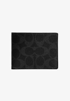 Mustast nahast rahakott, millel on tume mustriga disain, ristkülikukujuline ja esiletoodud õmblused servade ümber.