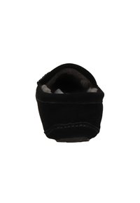 Schwarze Wildlederpantoffeln mit einem weichen, kuscheligen Innenfutter. Verfügt über eine abgerundete Zehenpartie und minimale Nähte entlang der Kanten. Flacher Schuhsohle für Komfort.