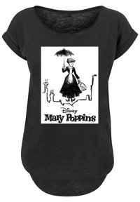 Juodas medvilninis marškinėliai su vintage iliustracija, kurioje pavaizduotas personažas, laiko skėtį, o žemiau spausdinama "Disney Mary Poppins".