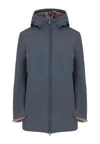 Giacca impermeabile grigio scuro con cappuccio, dotata di un morbido rivestimento in pelliccia, chiusura frontale con zip e tasche laterali. Design semplice e funzionale.