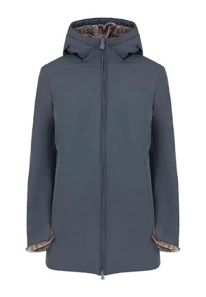 Giacca impermeabile grigio scuro con cappuccio, dotata di un morbido rivestimento in pelliccia, chiusura frontale con zip e tasche laterali. Design semplice e funzionale.