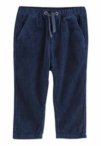 Pantalon en velours côtelé marine avec des côtes verticales, doté d'une taille élastique et d'un cordon de serrage, de deux poches latérales et d'une coupe décontractée.