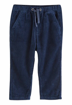 Pantalon en velours côtelé marine avec des côtes verticales, doté d'une taille élastique et d'un cordon de serrage, de deux poches latérales et d'une coupe décontractée.