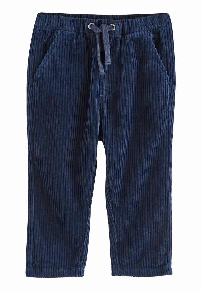 Pantalon en velours côtelé marine avec des côtes verticales, doté d'une taille élastique et d'un cordon de serrage, de deux poches latérales et d'une coupe décontractée.