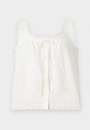 Hvid ærmeløs bluse med blonderkant, knaplukning foran og blomsterbroderi langs kant og halsudskæring.