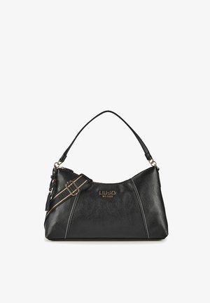 Borsa a mano in pelle nera con tracolla singola e tracolla regolabile a tracolla, con logo dorato "LIU JO MILANO" sul davanti.
