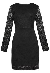 Svart spetsklänning med långa ärmar, blommönster, figursydd överdel och kort kjol. Tyget har en texturerad, intrikat design.