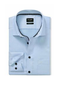 Lichtblauw heren overhemd met moderne pasvorm, zwarte knopen en een patroon aan de binnenkraag, netjes gevouwen met knoopmanchetten.