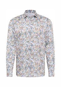 Camicia a maniche lunghe in tessuto bianco con un vivace motivo paisley con accenti blu, verde e arancione; colletto e polsini con bottoni.