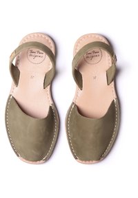 Olive green leather sandals with a smooth texture, open toe design, stitched edges, and ankle straps. Size 37 embossed on the insole.