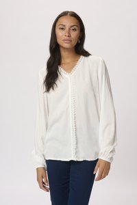 White blouse with long sleeves and lace trim along the V-neckline and button placket. The fabric appears lightweight and flowing.