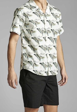 Homme portant une chemise blanche à manches courtes avec un motif de montagnes vertes et noires et un short noir jusqu'aux genoux, devant un fond gris.