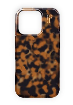 Tortoiseshell-patterned phone case with transparent edges, featuring a cutout for the camera and embossed text on the side.