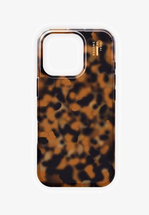 Tortoiseshell-patterned phone case with transparent edges, featuring a cutout for the camera and embossed text on the side.