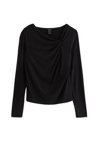 Svart långärmad topp med draperad design och twistdetalj vid halsen. Mjuk tygkvalitet med en slät yta. Lätt åtsittande silhuett.