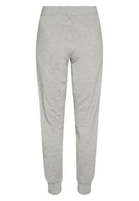 Světle šedé jogger kalhoty s elastickým pasem a manžetami u kotníků, vyrobené z měkké, elastické látky.