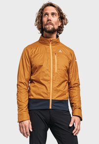 Veste légère orange avec un col montant et une poche poitrine zippée, dotée d'un ourlet marine et d'un tissu texturé pour la chaleur.
