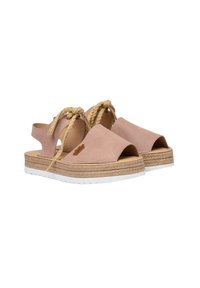 Sandalias de tela rosa con puntas abiertas, acentos de cuerda trenzada y suela envuelta en yute. Suela exterior de goma blanca con textura antideslizante.