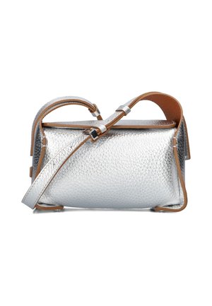 Silver textured handbag with a rectangular shape, brown leather accents, and an adjustable strap. Features a secure closure and minimalist design.